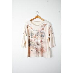 Autumn Graphic Tee Women XLarge Cream 90s Cottagecore 3/4 Sleeve Top